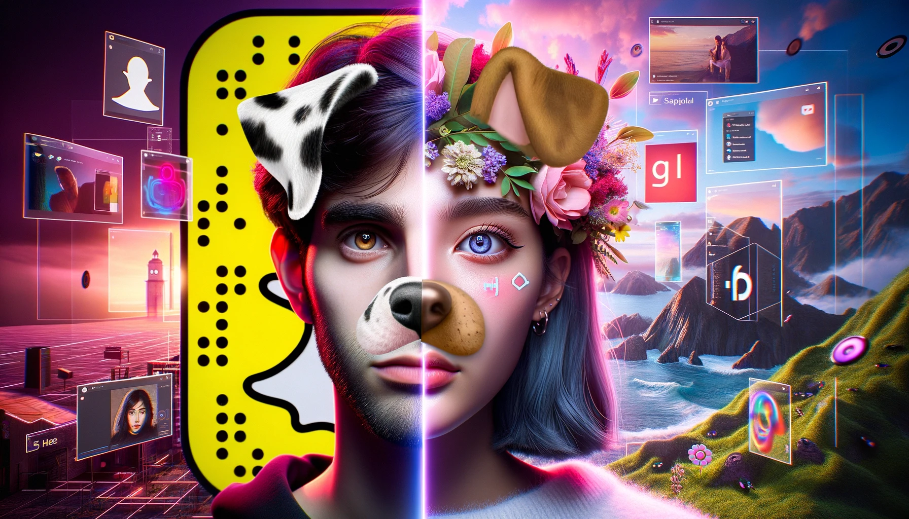 The image showcases a split-screen portrait with a Gen Z face on one side and a Millennial face on the other. Each face juxtaposes the whimsy of Snapchat filters with their raw, unfiltered counterparts. The backdrop is a digital playground infused with elements reminiscent of Unreal Engine 5 graphics, centered around Snapchat's iconic ghost logo. The vivid colors, modern feel, and contrast between the ephemeral details and reality make it a captivating piece, reminiscent of styles trending on Artstation.