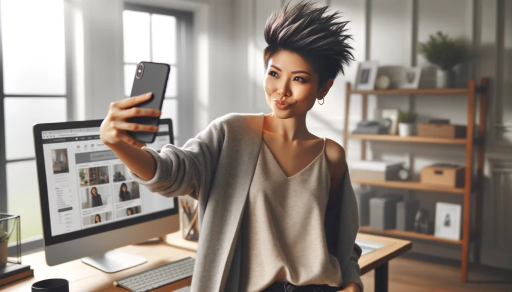 A young woman of East Asian descent stands in her home office, looking contently at her computer screen which displays her e-commerce website. She is taking a selfie with her smartphone, capturing this moment of success. She sports a trendy, short spiked hairstyle that adds to her edgy and modern look. She's dressed in casual, stylish attire, with the room bathed in soft, natural light that creates a bright and airy atmosphere. Her home office is neatly arranged, reflecting her organized and chic business approach.