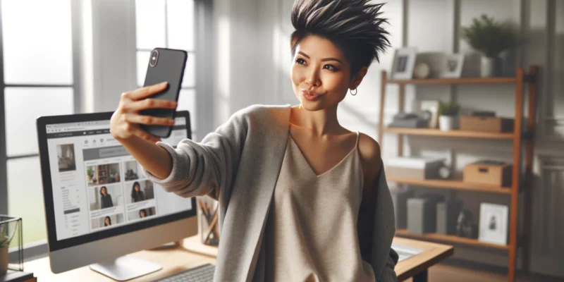 A young woman of East Asian descent stands in her home office, looking contently at her computer screen which displays her e-commerce website. She is taking a selfie with her smartphone, capturing this moment of success. She sports a trendy, short spiked hairstyle that adds to her edgy and modern look. She's dressed in casual, stylish attire, with the room bathed in soft, natural light that creates a bright and airy atmosphere. Her home office is neatly arranged, reflecting her organized and chic business approach.