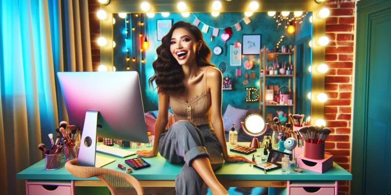 A stylish female beauty blogger of mixed descent is in a vibrant and fun YouTube studio setting, sitting near a computer. The studio is designed for beauty blogging, with colorful makeup palettes, brushes, and beauty products arranged aesthetically on the desk. The background includes a mirror with lights and chic decor, creating a glamorous and lively environment. She is laughing and looking towards the camera with an energetic and joyful expression. The desk also features a small, whimsical robot, adding a unique and tech-savvy touch to the beauty blogging scene. The room is well-lit with a mix of colorful studio lights and natural light, emphasizing a dynamic and fun YouTube workspace for beauty content creation. The image should be photorealistic with clean lines, vibrant colors, and a sense of playfulness.