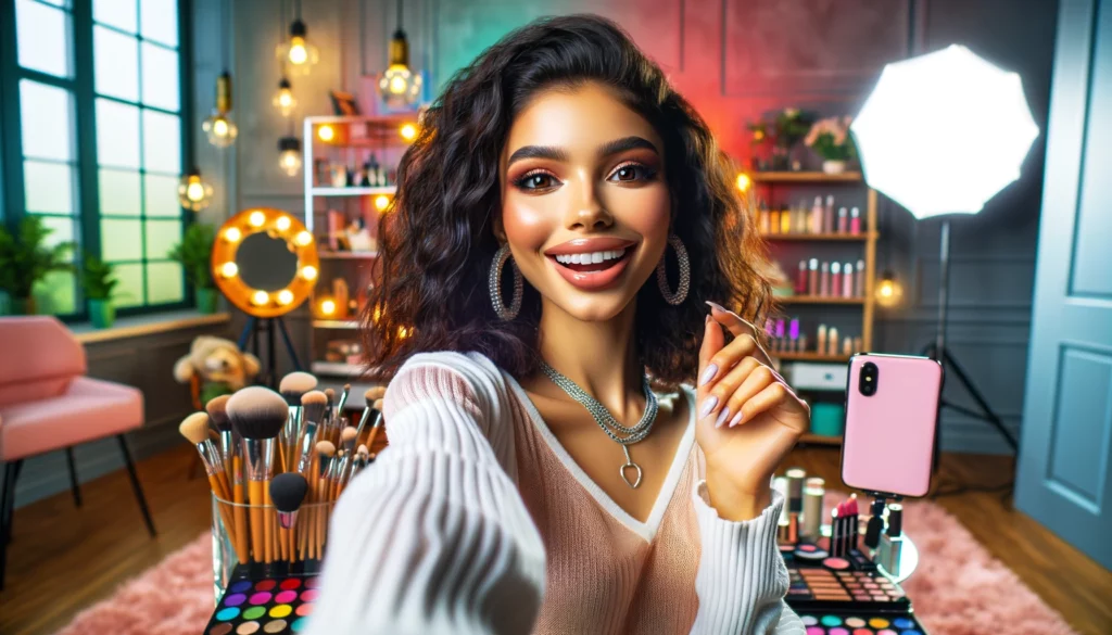 A stylish female beauty blogger of mixed descent is taking a selfie in her vibrant YouTube studio. The studio is designed for beauty blogging, with colorful makeup palettes, brushes, and beauty products visible in the background. The blogger is holding her smartphone at arm's length, capturing her image with a wide, engaging smile, showcasing her makeup artistry. The selfie pose is lively and confident, reflecting her personality as a beauty blogger. The room is well-lit with a mix of colorful studio lights and natural light, adding to the dynamic and fun atmosphere of the YouTube workspace. The image should be photorealistic with clean lines, vibrant colors, and a sense of excitement and creativity.