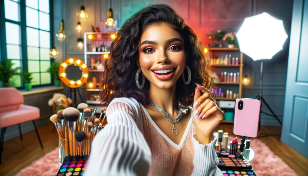 How to Create Viral YouTube Shorts: Strategies for Success 2 A stylish female beauty blogger of mixed descent is taking a selfie in her vibrant YouTube studio. The studio is designed for beauty blogging, with colorful makeup palettes, brushes, and beauty products visible in the background. The blogger is holding her smartphone at arm's length, capturing her image with a wide, engaging smile, showcasing her makeup artistry. The selfie pose is lively and confident, reflecting her personality as a beauty blogger. The room is well-lit with a mix of colorful studio lights and natural light, adding to the dynamic and fun atmosphere of the YouTube workspace. The image should be photorealistic with clean lines, vibrant colors, and a sense of excitement and creativity.