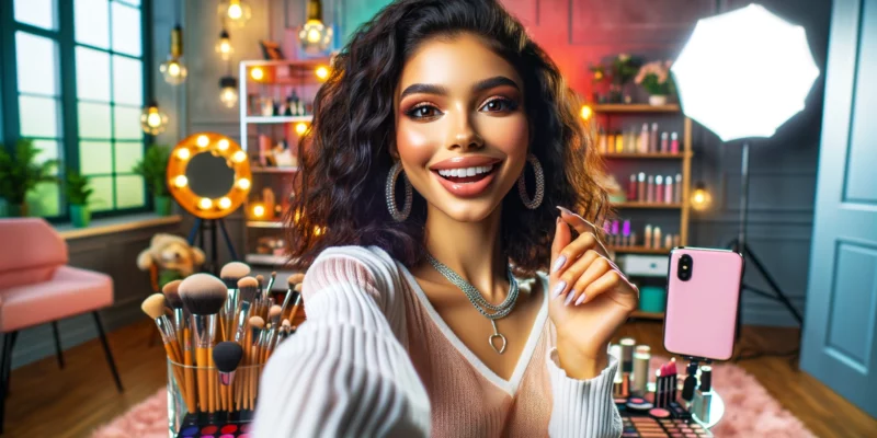 A stylish female beauty blogger of mixed descent is taking a selfie in her vibrant YouTube studio. The studio is designed for beauty blogging, with colorful makeup palettes, brushes, and beauty products visible in the background. The blogger is holding her smartphone at arm's length, capturing her image with a wide, engaging smile, showcasing her makeup artistry. The selfie pose is lively and confident, reflecting her personality as a beauty blogger. The room is well-lit with a mix of colorful studio lights and natural light, adding to the dynamic and fun atmosphere of the YouTube workspace. The image should be photorealistic with clean lines, vibrant colors, and a sense of excitement and creativity.