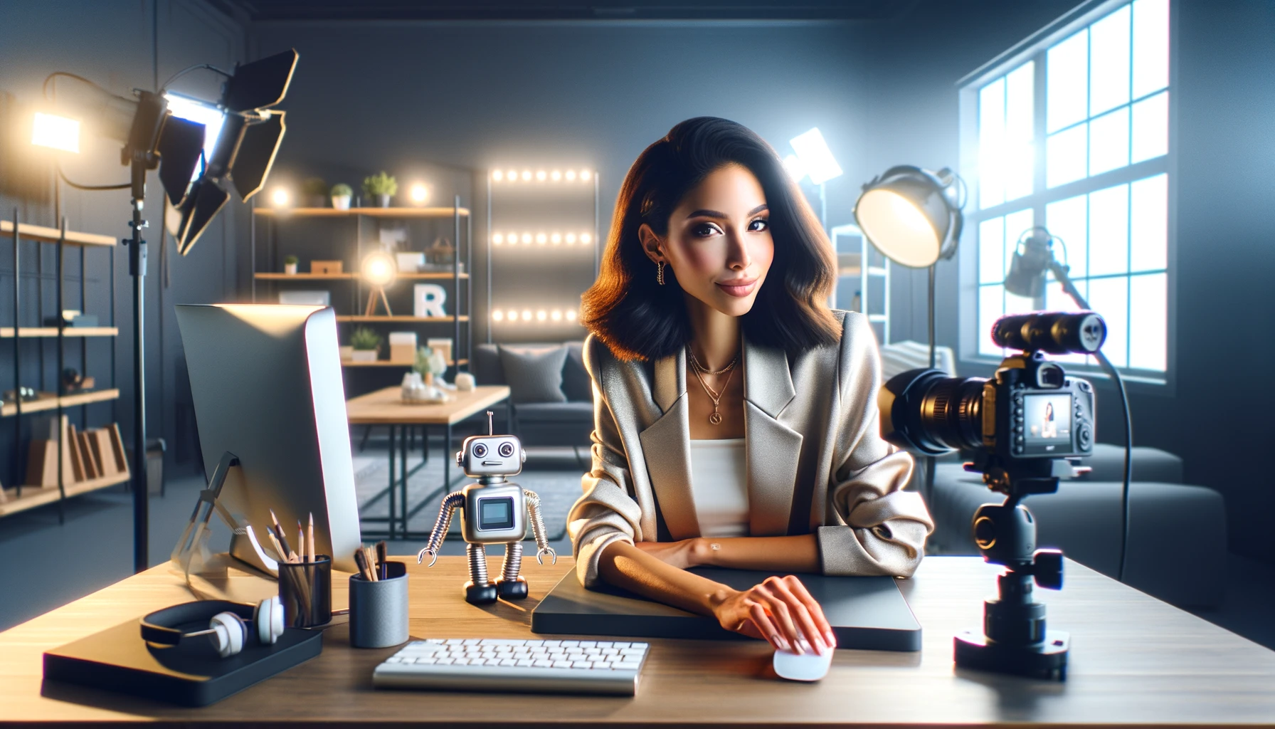 A stylish female e-commerce store owner of mixed descent is in a modern YouTube studio setting, sitting near a computer. The studio is equipped with professional lighting and recording equipment, creating an environment suitable for content creation. She is looking towards the camera with a confident and creative expression. On the desk, there is a small, whimsical robot, adding a unique and tech-savvy touch to the scene. The room is well-lit with both studio lights and natural light, emphasizing a professional yet personal workspace. The image should be photorealistic with clean lines and vibrant colors, capturing the essence of a dynamic YouTube studio.