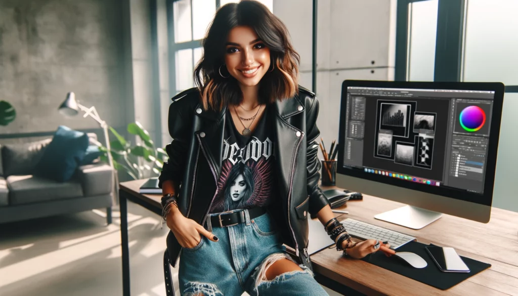 A graphic designer with a stylish rocker vibe is at her workspace. She's of Black descent with brunette hair, styled with edgy highlights. She's wearing a leather jacket over a band tee, ripped jeans, and has statement jewelry, embodying a chic rocker aesthetic. She's smiling, exuding confidence and contentment as she works on a graphic design project on her computer. Her smartphone is on her desk, the Twitter app open. The room is modern and bright with natural light highlighting her cool style and the sleek technology she's using.