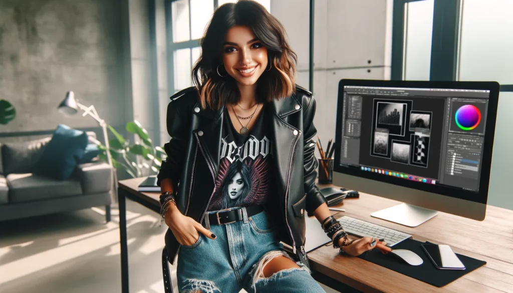 25 Design Pickle Alternatives for Finding Graphic Designers 9 A graphic designer with a stylish rocker vibe is at her workspace. She's of Black descent with brunette hair, styled with edgy highlights. She's wearing a leather jacket over a band tee, ripped jeans, and has statement jewelry, embodying a chic rocker aesthetic. She's smiling, exuding confidence and contentment as she works on a graphic design project on her computer. Her smartphone is on her desk, the Twitter app open. The room is modern and bright with natural light highlighting her cool style and the sleek technology she's using.
