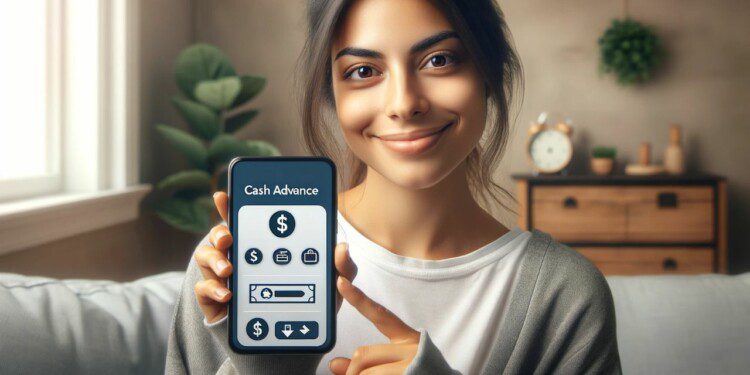 A photorealistic image of a content Hispanic woman in a home setting using a smartphone with a cash advance app. The app interface on the smartphone screen shows only simple, non-text graphical icons such as currency symbols, arrows for money movement, and wallet icons to represent financial features. She is dressed in casual, comfortable clothing, highlighting the simplicity and user-friendliness of managing personal finances through mobile technology.