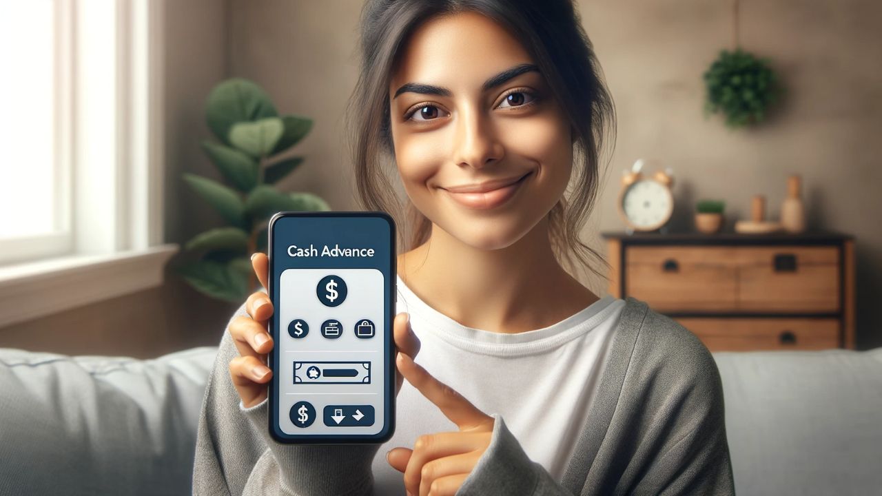 A photorealistic image of a content Hispanic woman in a home setting using a smartphone with a cash advance app. The app interface on the smartphone screen shows only simple, non-text graphical icons such as currency symbols, arrows for money movement, and wallet icons to represent financial features. She is dressed in casual, comfortable clothing, highlighting the simplicity and user-friendliness of managing personal finances through mobile technology.