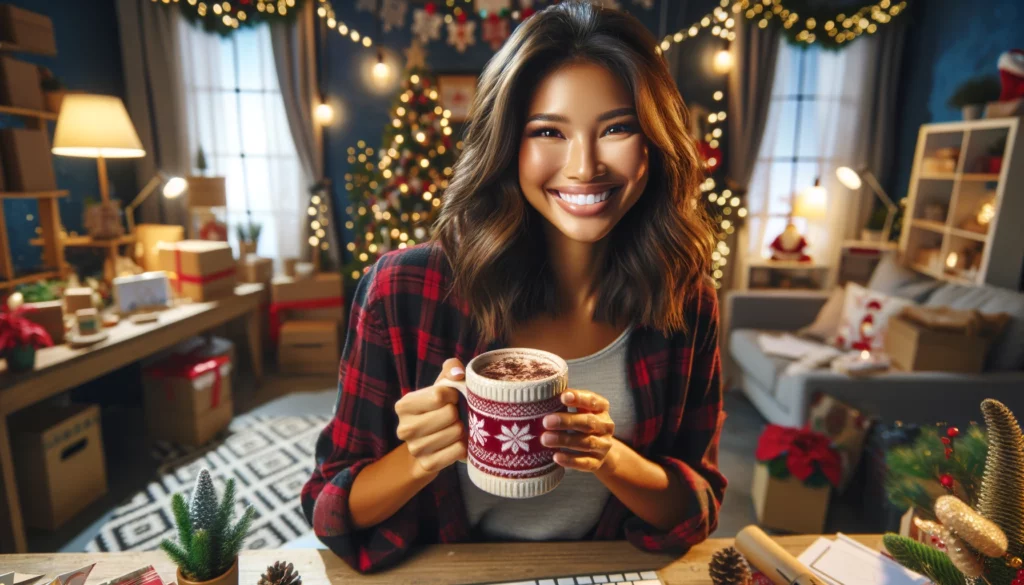A happy and festive female e-commerce store owner of mixed descent is in her Christmas-themed home office. She is holding a Christmas mug filled with hot cocoa, showcasing a broad, joyful smile. The office is warmly decorated with holiday decor, including a Christmas tree, garlands, and twinkling lights. The room has a cozy and inviting atmosphere, enhanced by the soft glow of Christmas lights. The scene captures the spirit of the holiday season in a home business setting, emphasizing a comfortable and celebratory environment.