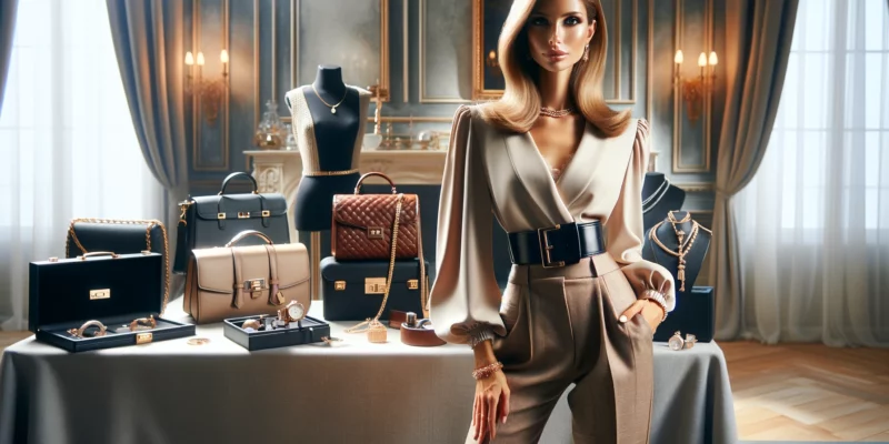 A stylish female e-commerce store owner of mixed descent is dressed in luxury clothing, promoting high-end luxury products in an elegant setting. She stands confidently, showcasing a selection of luxury items like designer handbags, watches, and jewelry. The background is a sophisticated and opulent room, tastefully decorated to reflect the high-end nature of the products. She has an air of elegance and professionalism, perfectly embodying the luxury brand she represents. The lighting is soft and flattering, highlighting the luxury items and her fashionable outfit. The image should be photorealistic, capturing the essence of a high-end fashion and luxury product promotion.
