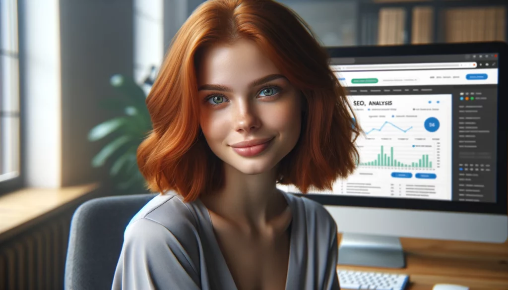 A young woman with naturally styled red hair and green eyes is sitting in a modern office space, looking directly at the camera with a content and relaxed expression. She is analyzing a website using SEO tools on her computer, which displays a generic SEO analysis interface with graphs, keyword rankings, and website traffic data. Her demeanor reflects satisfaction and ease in her digital marketing work. The scene is photorealistic, capturing her in a comfortable and professional office environment.