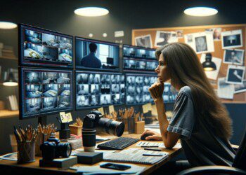 woman analyzing a true crime case in her YouTube studio. She is intently gazing at multiple computer screens which display crime scene photos and evidence boards. The studio is filled with notes and case files, creating an atmosphere of urgency and dedication. The image should emulate the high resolution and sharp focus of a photo taken with a Canon EOS R5 camera and Canon RF 50mm F1.2L USM lens, showcasing a clear portrait of the woman with a blurred background, emphasizing her concentration and the details of her studio.