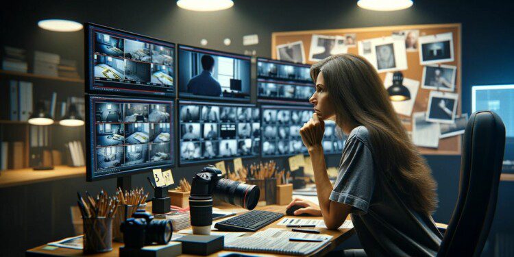 How To Start the Best True Crime Youtube Channel That People Want to Watch 100% 1 woman analyzing a true crime case in her YouTube studio. She is intently gazing at multiple computer screens which display crime scene photos and evidence boards. The studio is filled with notes and case files, creating an atmosphere of urgency and dedication. The image should emulate the high resolution and sharp focus of a photo taken with a Canon EOS R5 camera and Canon RF 50mm F1.2L USM lens, showcasing a clear portrait of the woman with a blurred background, emphasizing her concentration and the details of her studio.