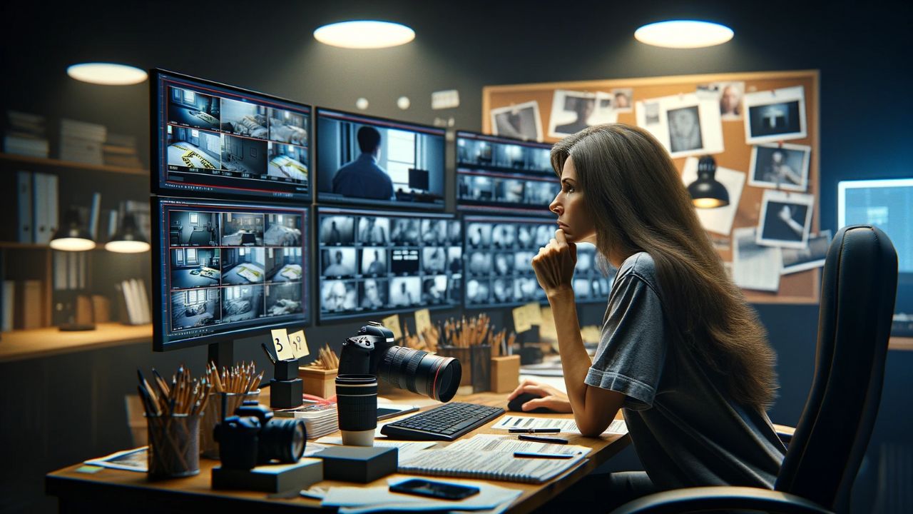 woman analyzing a true crime case in her YouTube studio. She is intently gazing at multiple computer screens which display crime scene photos and evidence boards. The studio is filled with notes and case files, creating an atmosphere of urgency and dedication. The image should emulate the high resolution and sharp focus of a photo taken with a Canon EOS R5 camera and Canon RF 50mm F1.2L USM lens, showcasing a clear portrait of the woman with a blurred background, emphasizing her concentration and the details of her studio.