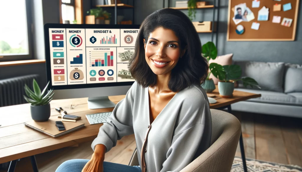 A content and happy female e-commerce store owner of mixed descent in her home office, focusing on money and mindset strategies on her computer, looking directly at the camera. She is dressed in comfortable, smart casual attire, radiating satisfaction and a positive mindset. The computer screen and the vision board in the office display only graphical elements and colorful charts, with no letters or words. The office is filled with lush plants and comfortable furniture, creating a warm and inviting atmosphere. This photorealistic image captures the essence of a successful entrepreneur combining savvy financial strategies with a strong, positive mindset, all depicted visually without any textual elements.