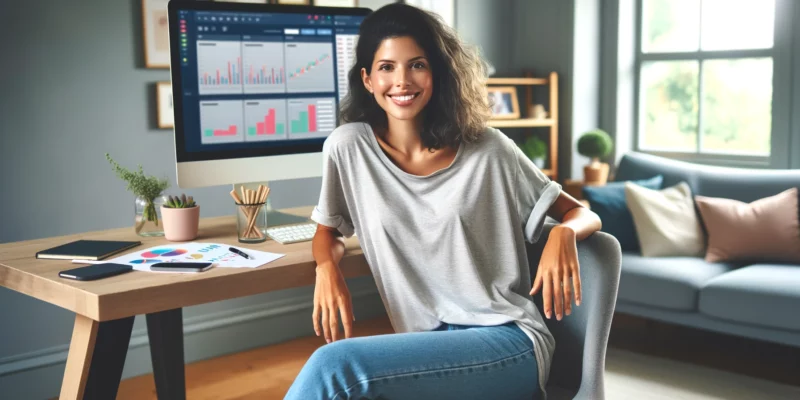 A relaxed and happy female e-commerce store owner of mixed descent in her home office, casually engaged in investing money on her computer, looking directly at the camera. She's dressed in very casual attire, like a comfortable t-shirt and jeans, embodying a laid-back yet confident mindset. The computer screen displays simple graphical elements and colorful charts related to investment, without any text. The office setting is homely and inviting, with personal touches like family photos, a cozy chair, and house plants. This photorealistic image captures her as a successful entrepreneur who combines a casual approach with savvy financial management, all depicted visually without any textual elements.