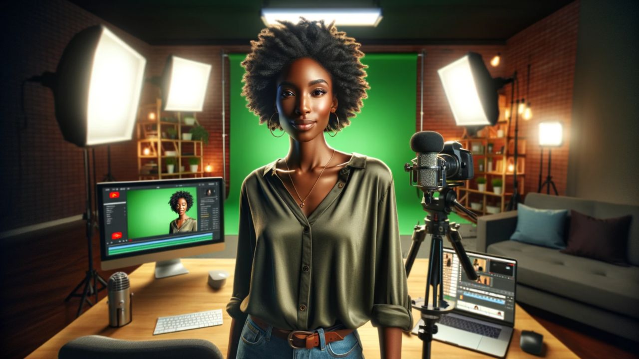 Black woman in a YouTube studio, creating a channel trailer. She stands confidently in front of a camera, with studio lights casting an even glow on her. Behind her, a green screen suggests post-production editing. She's casually dressed, approachable yet professional, embodying the creative and entrepreneurial spirit of a content creator. The studio is equipped with modern recording gear: microphone, teleprompter, and a laptop with video editing software open. The ambiance is dynamic and inspiring, indicative of the creative process.