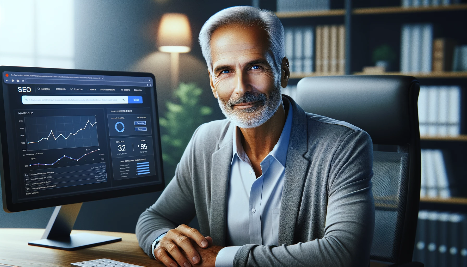 A mature man is sitting in a modern office space, looking directly at the camera with a content and dignified expression. He is working on SEO analysis on his computer, which displays an interface resembling Majestic SEO, complete with various SEO metrics and analysis tools. His professional and composed demeanor reflects his expertise in digital marketing. The scene is photorealistic, capturing him in a comfortable and professional office environment.