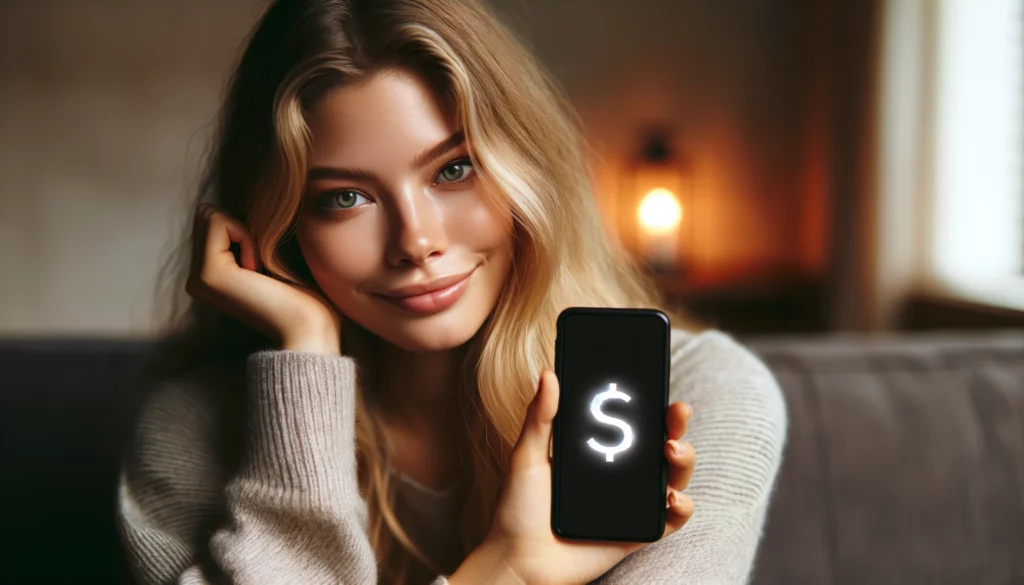 A content young Caucasian woman with blonde hair and hazel eyes is seated comfortably at her desk, her smartphone in hand. The phone's screen is simple, displaying only a large stylized dollar sign, representing a financial application without any specific branding. Her expression is one of casual ease and satisfaction, as if she is successfully managing her finances. The ambient lighting in the room is warm and soft, suggesting a serene home office setting.