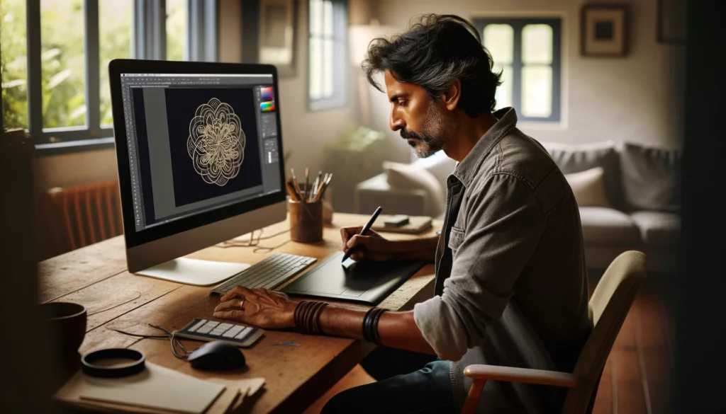 A middle-aged graphic designer of Indian descent, with dark hair, wearing casual attire, is deeply concentrated on designing a logo on his computer within a cozy and casual home office. The computer screen is directed towards him, displaying a complex graphic design program with a non-specific, abstract logo on the screen. The desk is equipped with a graphics tablet and stylus, indicating his active engagement with the project. The room is well-lit with natural light, casting a soft glow that creates a welcoming and creative atmosphere.