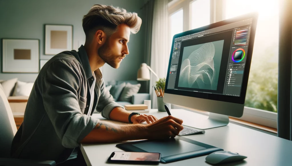 A focused male graphic designer of Hispanic descent, with short blonde hair, is situated in his home office. He is working on a sleek, modern computer whose screen is correctly oriented toward him, displaying an intricate graphic design project. The desk is tidy and features a graphics tablet and stylus, indicating an active design session. His smartphone, with the Twitter app open, is placed upright beside the monitor. The room is awash with natural daylight, casting a soft yet vibrant light across the space, emphasizing the cozy, creative atmosphere of his work environment.