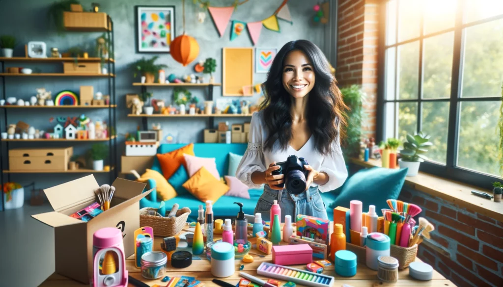 A female entrepreneur of mixed descent is in her vibrant and colorful home office, testing products with a sense of fun and enthusiasm for her Amazon business. She is smiling and appears to be enjoying the process, surrounded by a variety of interesting and colorful products. The office is bright and lively, decorated with playful elements and vivid colors that create an energetic atmosphere. The natural light streaming through a window enhances the lively and engaging scene. The photorealistic image emulates a shot taken with a Canon EOS 5D Mark IV and a 50mm lens, slightly overexposed for a bright and cheerful ambiance.