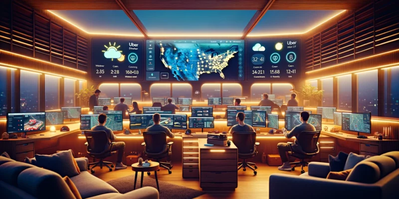 A cozy and inviting command center, blending modern technology with a friendly atmosphere. Large screens display weather forecasts and maps indicating Uber drivers' locations, surrounded by warm lighting and comfortable seating. Technicians and engineers are seen smiling and interacting amicably, creating a personal and approachable environment. The style is photorealistic, capturing a balance between high-tech and homeliness, akin to a photo taken with a Canon EOS 5D Mark IV camera and a Canon EF 24-70mm f/2.8L II USM lens, in a low-light, high-resolution, wide-angle setting.