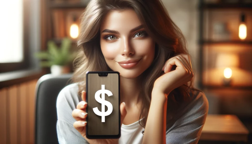 A content young Caucasian woman with brunette hair and hazel eyes is seated comfortably at her desk, her smartphone in hand. The phone's screen displays a large, stylized dollar sign, symbolizing a financial application. Her expression is one of satisfaction and confidence, indicative of successful financial management. The scene is set in a home office with an ambiance of warm, natural light, enhancing the cozy and serene environment.