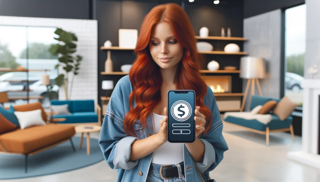 A young Caucasian woman with vibrant red hair, casually dressed, is browsing through a modern furniture store. She holds her smartphone, which displays a stylized cash app interface with a prominent dollar sign, symbolizing a convenient shopping experience. The store is stylish with a variety of contemporary furniture pieces in the background. She looks content and engaged as she considers her purchases, embodying the ease of combining technology with everyday tasks like shopping.