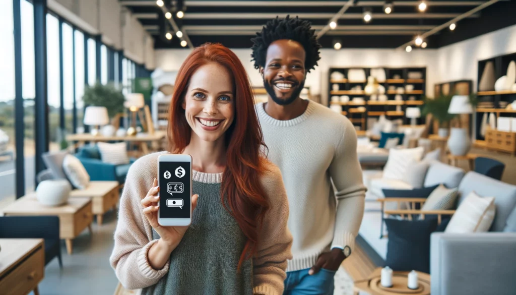 A happy South African woman with red hair is out shopping for furniture with her husband, and she's holding a smartphone that only displays money icons, symbolizing the use of a cash app. They are casually looking around in a well-lit furniture store, filled with a variety of modern furniture pieces. The scene reflects a comfortable and joyful shopping experience, with an emphasis on their interaction and the items around them.