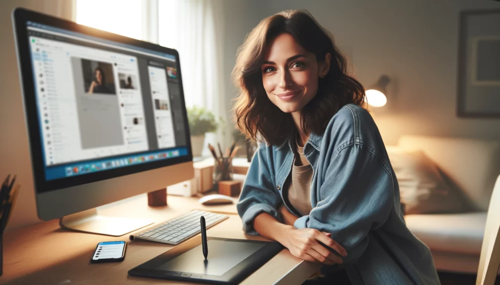 A content and focused graphic designer of Caucasian descent with brunette hair sits in her brightly lit home studio. She's comfortably dressed in a casual style, embodying the relaxed yet productive atmosphere of her personal workspace. Her desk is neatly organized with a high-end computer, a graphic tablet, and a smartphone propped up displaying Twitter. She's smiling slightly, her eyes intent on the screen, where her latest graphic design is taking shape. The room is infused with natural light, emphasizing the calm and cheerful mood of the setting.