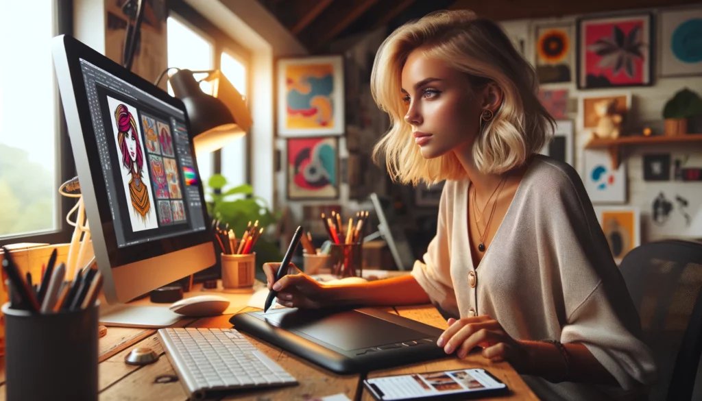 A professional young graphic designer of Caucasian descent with blonde hair is working in her home studio, which is adorned with vibrant artwork and design references. She's intently focused on her computer screen, which displays sophisticated graphic design software. Her work desk is equipped with a high-end graphics tablet and stylus, indicating her active engagement in a design project. Her smartphone, propped up and displaying Twitter, is on the desk, but her main focus is clearly on her creative work. The studio is illuminated with a warm, natural light that enhances the blonde tones of her hair and highlights the cheerful ambiance of the workspace.