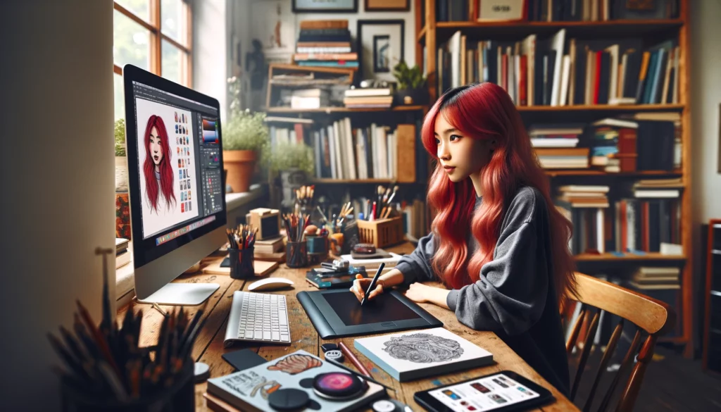 A creative young graphic designer of East Asian descent with red hair sits in her eclectic home studio, surrounded by inspiring art and design books. She's focused on her computer monitor, where design software is open, showing her current project. Beside her, a graphics tablet and stylus lay ready for use. Her smartphone is upright on her desk, displaying Twitter, but her attention is on her design work. The studio is filled with natural light, casting a soft glow and creating a productive yet tranquil workspace. Her style is casual professional, suitable for her creative field.