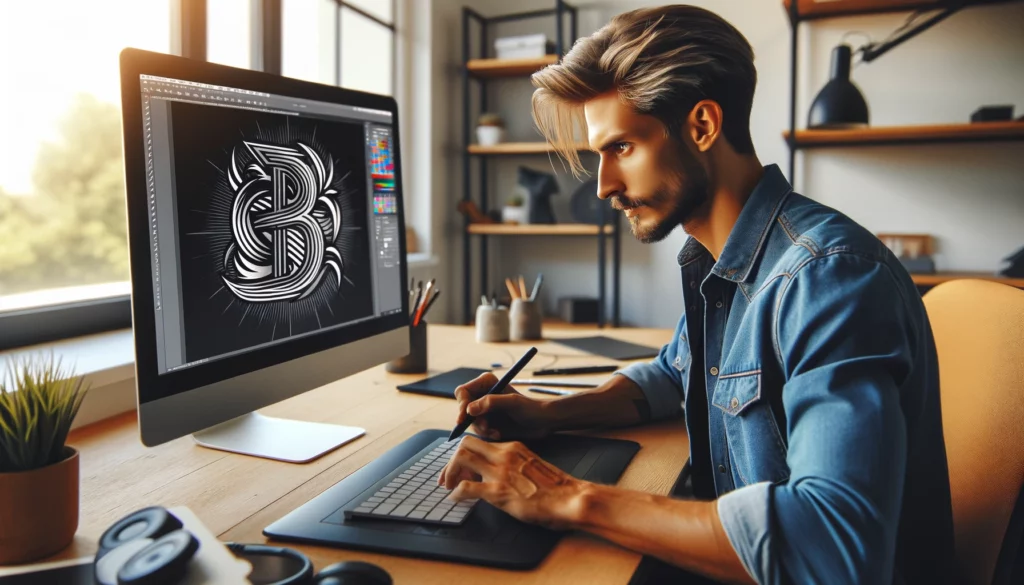 A male graphic designer of South Asian descent with short blonde hair is intensely focused on creating a logo on his computer in his home office. The computer screen, facing him, showcases a graphic design program with a bold, modern logo in progress. The details of the logo are abstract and stylized, avoiding any specific brand identification. His workspace is neatly organized with essential tools like a graphics tablet and stylus, suggesting a professional workflow. The room is bright with natural sunlight, enhancing the clarity and creativity of the design environment. He is dressed in casual work attire, embodying the freelance, creative spirit.