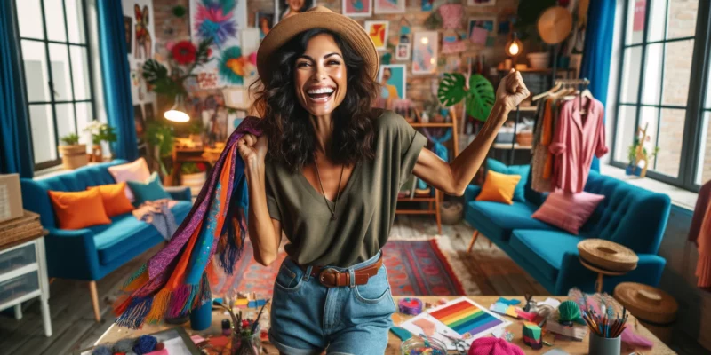 A cheerful and animated female e-commerce store owner of mixed descent is standing in her eclectic and colorful home office. She is holding a colorful shirt in one hand and a stylish hat in the other, with a big, engaging smile on her face, radiating fun and excitement. The office is filled with vibrant decor, including fun artwork on the walls and a variety of fashion accessories displayed. Her workspace is lively, with creative materials scattered around, and the room is brightly lit with both natural and playful artificial lighting. This scene captures the essence of a spirited and successful online boutique owner.