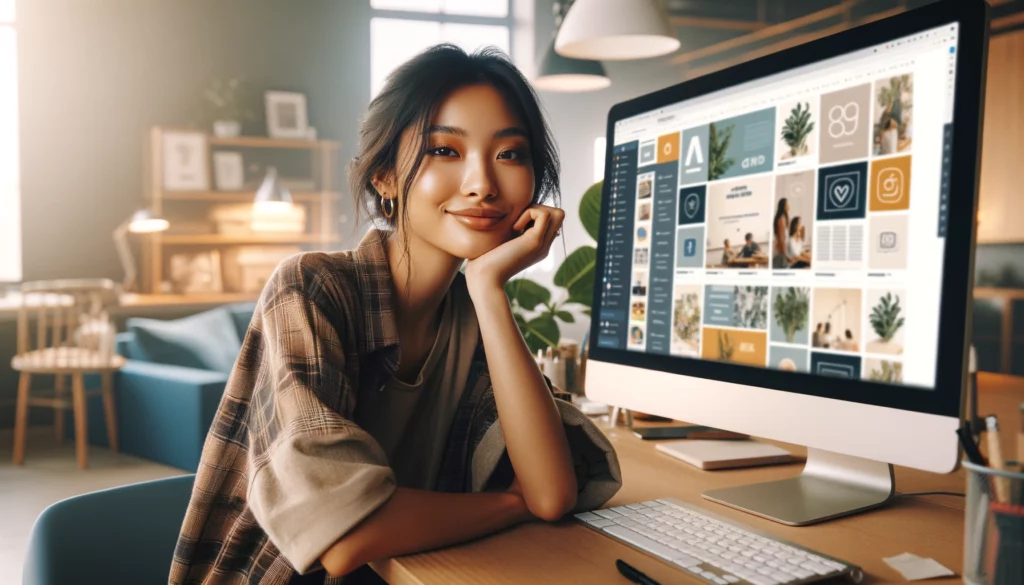 A content and serene young woman of East Asian descent sits at her workspace, deeply focused on designing social media posts using Canva on her large computer monitor. The screen is a tapestry of bright and attractive social media graphics. She's dressed in a hip, urban style with a comfortable yet trendy edge. Her expression is one of satisfaction and fulfillment, as she takes a moment to appreciate her work, showing a small, pleased smile. The room around her is stylish and airy, bathed in warm, natural light that creates a calm and inviting atmosphere.