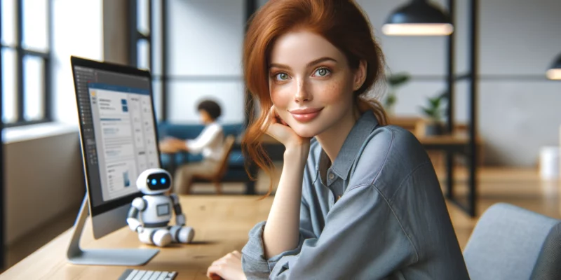 A young woman with naturally styled red hair and green eyes is sitting in a modern office space, looking relaxed and content as she works on a digital marketing tool on her computer. She has a natural, unforced expression, adding to the authenticity of the scene. Next to her is a small, friendly-looking robot, seamlessly integrated into the setting. The room is stylish and professional, with a minimalist design. The image should be photorealistic, capturing her natural state of contentment and the casual yet professional atmosphere of the office.