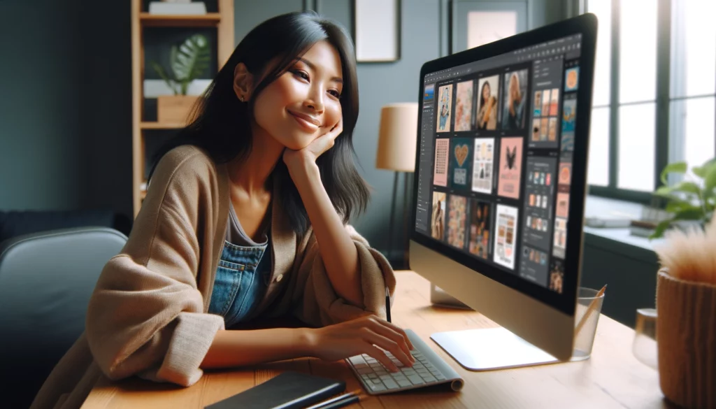 A content and serene young woman of East Asian descent sits at her workspace, deeply focused on designing social media posts using Canva on her large computer monitor. The screen is a tapestry of bright and attractive social media graphics. She's dressed in a hip, urban style with a comfortable yet trendy edge. Her expression is one of satisfaction and fulfillment, as she takes a moment to appreciate her work, showing a small, pleased smile. The room around her is stylish and airy, bathed in warm, natural light that creates a calm and inviting atmosphere.