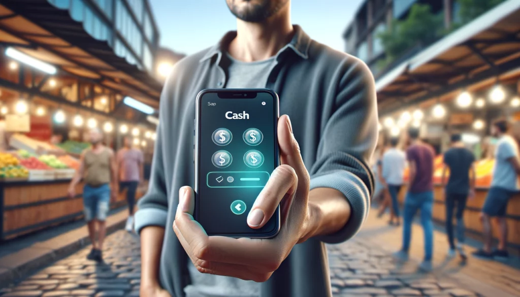 A photorealistic image of a man in a modern urban outdoor market setting. He's dressed casually, reflecting the relaxed, vibrant atmosphere of the market. He's holding a smartphone, which displays a clear, vibrant screen of a cash app, featuring four distinct money-related icons without any text. The man's posture and hand position should look natural and comfortable. The background captures the blur of the bustling market, focusing the viewer's attention on the sharp, detailed smartphone screen. The image should mimic the quality of a Canon EOS 5D Mark IV camera with a Canon EF 50mm f/1.2L lens.