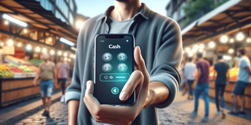 A photorealistic image of a man in a modern urban outdoor market setting. He's dressed casually, reflecting the relaxed, vibrant atmosphere of the market. He's holding a smartphone, which displays a clear, vibrant screen of a cash app, featuring four distinct money-related icons without any text. The man's posture and hand position should look natural and comfortable. The background captures the blur of the bustling market, focusing the viewer's attention on the sharp, detailed smartphone screen. The image should mimic the quality of a Canon EOS 5D Mark IV camera with a Canon EF 50mm f/1.2L lens.