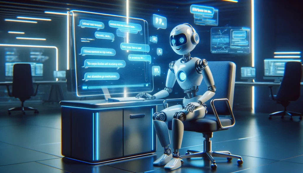 An animated chatbot character is seated at a futuristic console, engaging in a lively chat session, with text holograms floating around. The environment is a sleek, modern AI development lab with ambient blue lighting. The style is photorealistic digital art. Camera: Sony Alpha A7R IV. Lens: Sony FE 90mm f/2.8 Macro G OSS. --ar 16:9