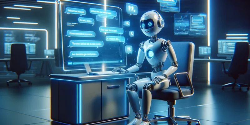 An animated chatbot character is seated at a futuristic console, engaging in a lively chat session, with text holograms floating around. The environment is a sleek, modern AI development lab with ambient blue lighting. The style is photorealistic digital art. Camera: Sony Alpha A7R IV. Lens: Sony FE 90mm f/2.8 Macro G OSS. --ar 16:9