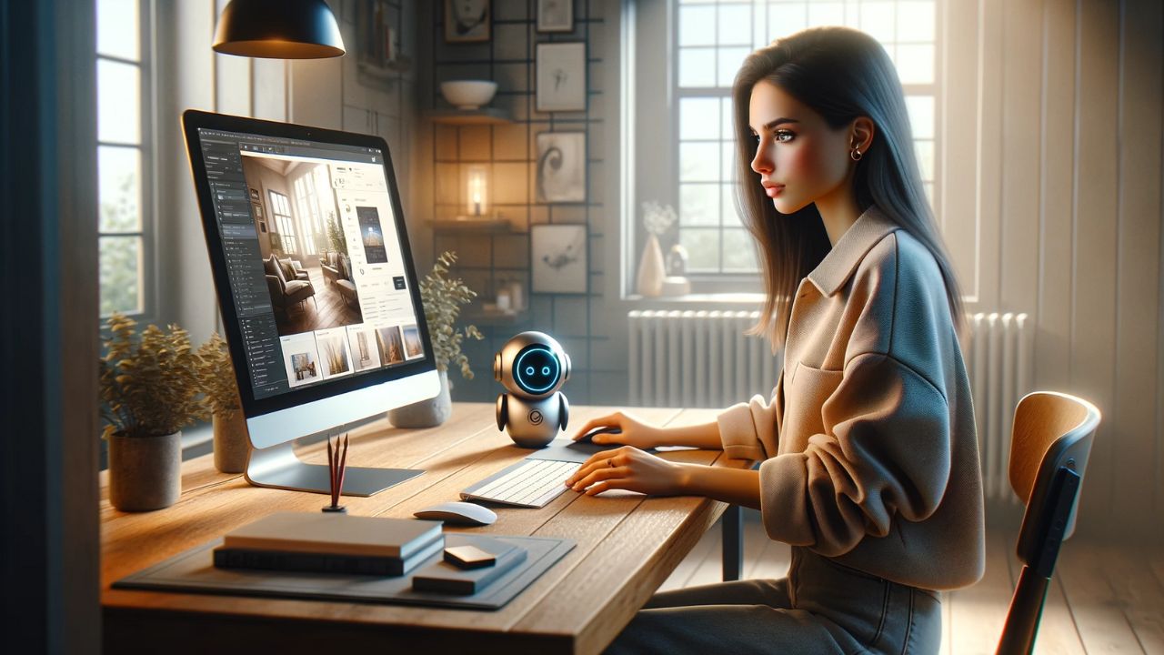 A young Caucasian female TikTok influencer, clad in a trendy yet casual ensemble, is focused on her computer in a room that blends homeliness with a touch of modern tech. On her computer screen, a website design is in progress, with a visible interface showcasing a creative and modern layout, indicative of her personal brand. The room is softly illuminated with natural light, suggesting a serene afternoon. A compact, futuristic robot sits by her side, aiding in the design process, perhaps by suggesting ideas or navigating the software. The influencer appears engaged and professional, yet approachable, embodying the essence of a tech-savvy entrepreneur. The photorealistic image should capture the intricacies of the website design on the screen, reflecting her dedication to her craft.