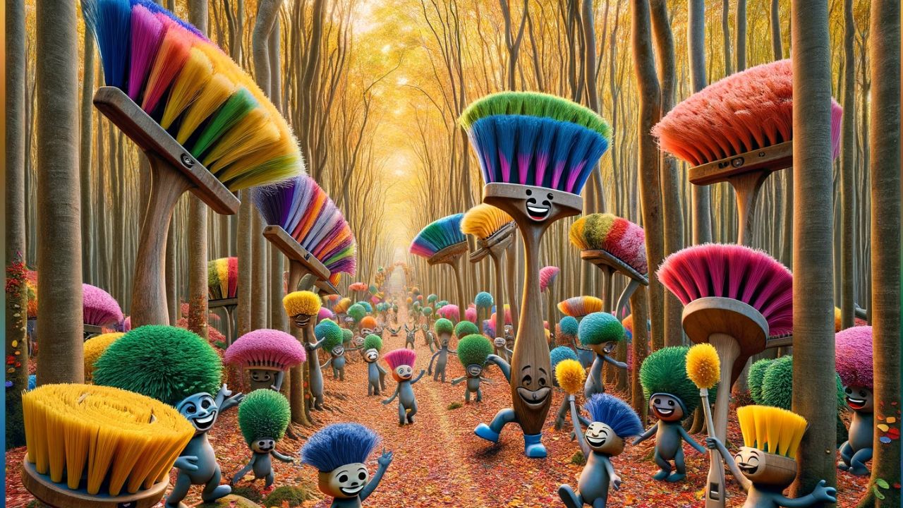 A photorealistic image of a whimsical forest, where oversized cleaning brushes with smiling faces joyfully sweep away a kaleidoscope of colorful leaves. Anthropomorphic cleaning tools are dancing around, creating an ambiance of mirth and laughter. The image replicates the vivid details as if taken with a Canon EOS 5D Mark IV camera and a Canon EF 24-70mm f/2.8L II USM lens.