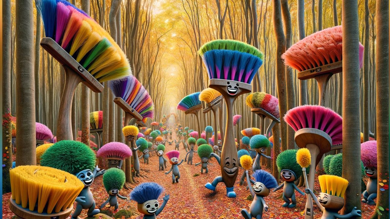 Good Cleaning Company Names 2 A photorealistic image of a whimsical forest, where oversized cleaning brushes with smiling faces joyfully sweep away a kaleidoscope of colorful leaves. Anthropomorphic cleaning tools are dancing around, creating an ambiance of mirth and laughter. The image replicates the vivid details as if taken with a Canon EOS 5D Mark IV camera and a Canon EF 24-70mm f/2.8L II USM lens.