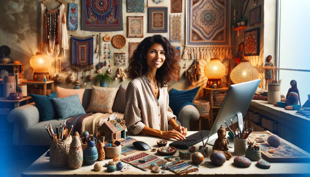 A content female entrepreneur of mixed descent is working on her Etsy store at her computer, in a cozy home office filled with a wide variety of crafts. The office is enchantingly decorated with an array of handmade items such as fabric wall hangings, mosaic lamps, hand-carved statuettes, and colorful pottery, displaying a rich tapestry of artistic expression. She's dressed in a chic yet relaxed outfit, with a serene and satisfied smile on her face. The office is lit by soft, natural light, creating a calm and inviting atmosphere. Her desk is a splendid array of Etsy store items, including unique jewelry designs, artistic prints, and custom-made home accessories, showcasing the uniqueness and creativity of her online business.