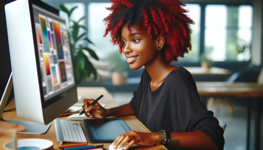 A content African graphic designer with red hair is intently looking at her computer screen, engaged in her design work. She exhibits a relaxed yet focused demeanor, indicative of a professional enjoying her craft. The computer screen displays colorful graphics that she is fine-tuning, and her workspace is well-organized, with a graphics tablet, stylus, and other design tools neatly placed on her desk. The environment is filled with natural light, creating a serene and productive ambiance.