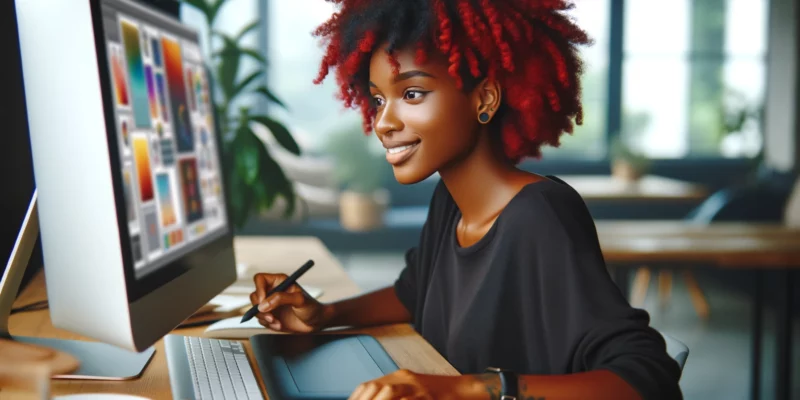 A content African graphic designer with red hair is intently looking at her computer screen, engaged in her design work. She exhibits a relaxed yet focused demeanor, indicative of a professional enjoying her craft. The computer screen displays colorful graphics that she is fine-tuning, and her workspace is well-organized, with a graphics tablet, stylus, and other design tools neatly placed on her desk. The environment is filled with natural light, creating a serene and productive ambiance.
