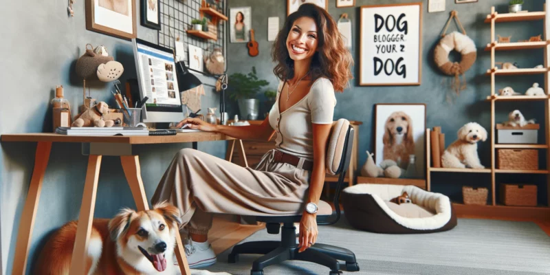 A cheerful female dog blogger of mixed descent is seated at her computer in her charming home office, engaged in dog blogging. She's wearing a comfortable yet fashionable outfit, with a warm smile and a less shiny face. The office is lovingly decorated with a dog motif, featuring items like a plush dog bed, a variety of dog-themed decorations, and inspiring dog quotes on the walls. The color scheme is earth-toned and cozy, with natural lighting. Her desk is neatly set up with a laptop, dog magazines, and a small dog toy. A joyful, medium-sized dog is lying contentedly on a rug beside her, adding to the pleasant dog-centric ambiance.