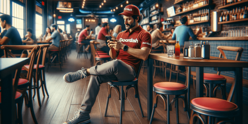 A photorealistic image of a man dressed as a DoorDash delivery driver, taking a break at a restaurant. He's seated at a table, casually checking his smartphone for new orders. The restaurant environment is lively and well-lit, with other diners and restaurant decor in the background. The man is dressed in casual, practical attire, typical for a delivery driver. The image should capture the bustling atmosphere of a restaurant, resembling a high-quality photograph taken with a Canon EOS 5D Mark IV camera and a Canon EF 50mm f/1.4 USM lens.